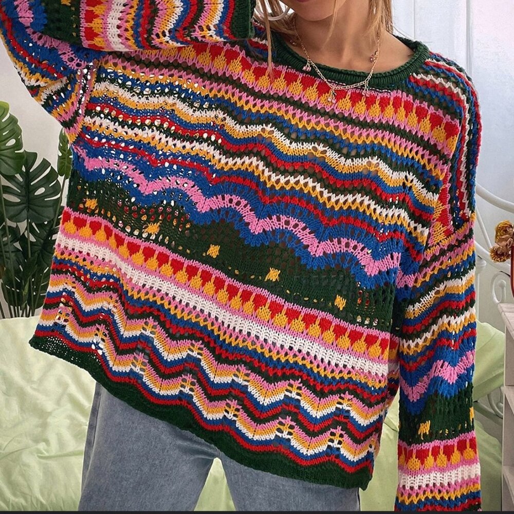 SHEIN Chevron Stripe Crochet Knit Bell Sleeve Sweater Multi-Color Size S - Picture 2 of 7